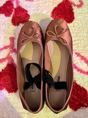 Miu Miu Tan Leather Ballet Flats with Black Logo Strap